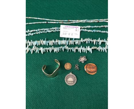 THREE VARIOUS ROWS OF AMAZONITE BEADED NECKLACES, TOGETHER WITH A JORGEN JENSEN PEWTER PENDANT, A MODA BROOCH AND TWO OTHERS,