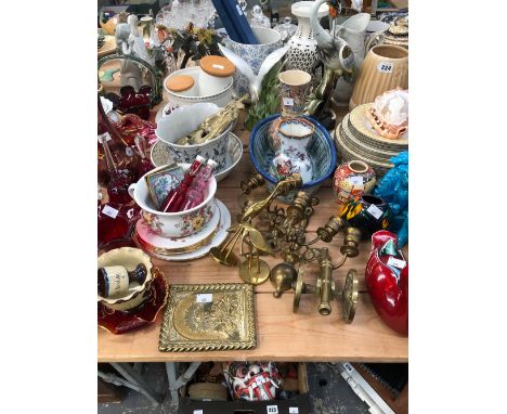 RUBY AND OTHER GLASS, SATSUMA, POOLE AND OTHER WARES, JOHNSONS PLATES, A CONCH SHELL CAMEO, BRASSWARE, ETC.