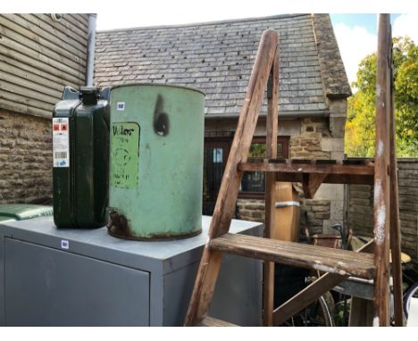 A VINTAGE VALOR OIL DRUM, A JERRY CAN AND A WOODEN STEP LADDER