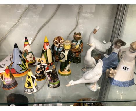 THREE NAO GEESE, THREE RYE POTTERY FIGURES, ROYAL WORCESTER CANDLE SNUFFERS TOGETHER WITH CLARICE CLIFF STYLE CONICAL CASTERS