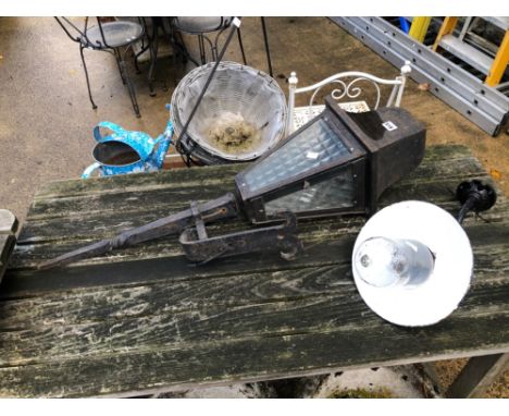 A VINTAGE WALL MOUNTED LANTERN TOGETHER WITH AN INDUSTRIAL STYLE WALL LIGHT