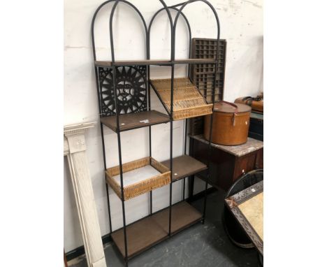 AN IRON DOUBLE ROUND ARCHED TOPPED THREE SHELF BREAD STAND.   W 79 x D 30 x H 183cms.