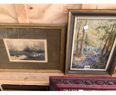 A CONTEMPORARY NEEDLE WORK PANEL OF A WOODLAND SCENE, TOGETHER WITH A PENCIL SIGNED ETCHING OF A RIVER SCENE (2)