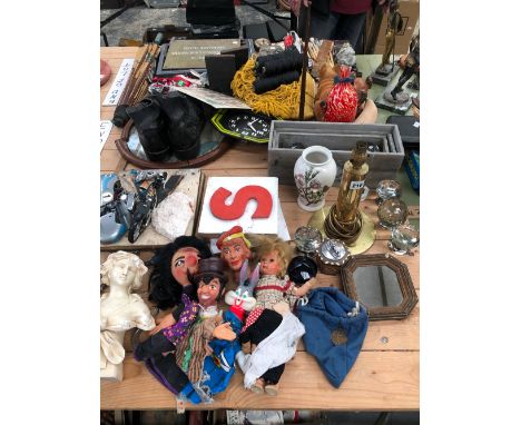 PAINT BRUSHES, TOY MOTORBIKES, GLASS DOOR HANDLES, GLOVE PUPPETS, ARMY BOOTS, ETC.