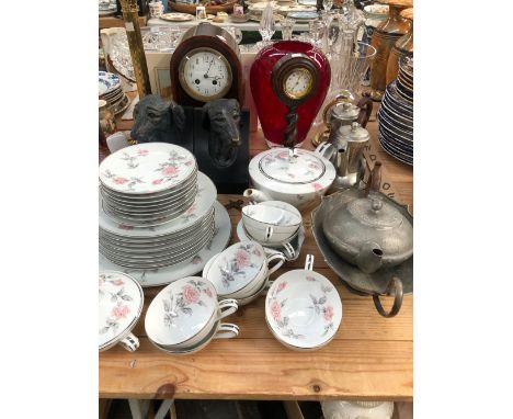 CLOCKS, A TABLE LAMP, DOG BOOKENDS, PEWTER AND NORITAKE TEA WARES.
