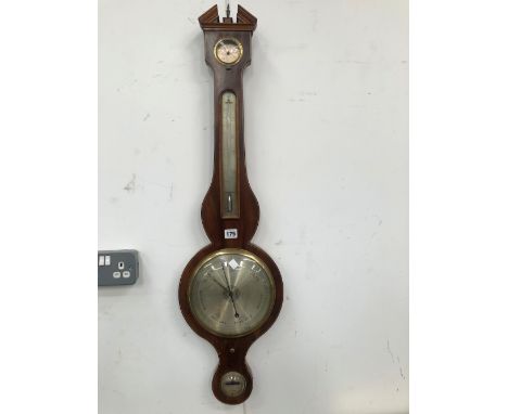 A MAHOGANY BANJO BAROMETER BY KALABERGER OF BANBURY, THE DIAL BELOW A MERCURY THERMOMETER