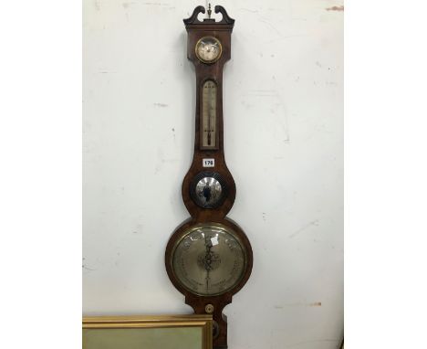 A MAHOGANY BANJO BAROMETER, THE DIAL BELOW AN ALCOHOL THERMOMETER