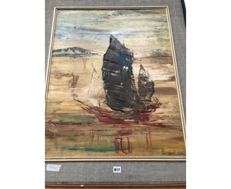 GERARD HENDERSON, A JUNK SAILING AT DAWN, OIL ON PANEL.   80 x61cms.