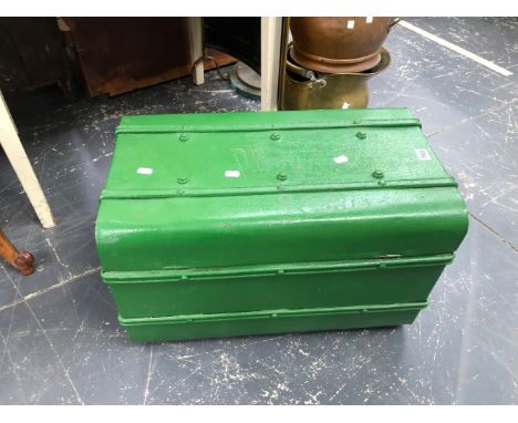 A GREEN PAINTED IRON TWO HANDLED TRUNK TOGETHER WITH TWO ETCHINGS
