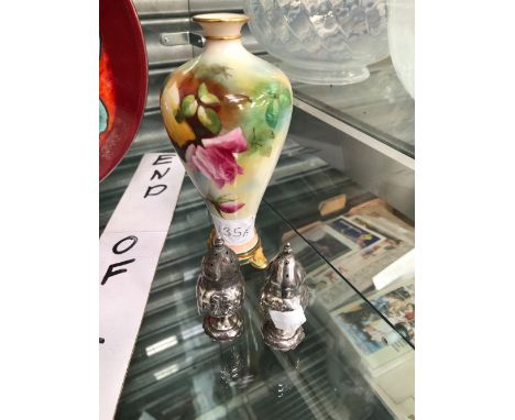 A PAIR OF HALLMARKED CONDIMENTS AND A ROYAL WORCESTER VASE