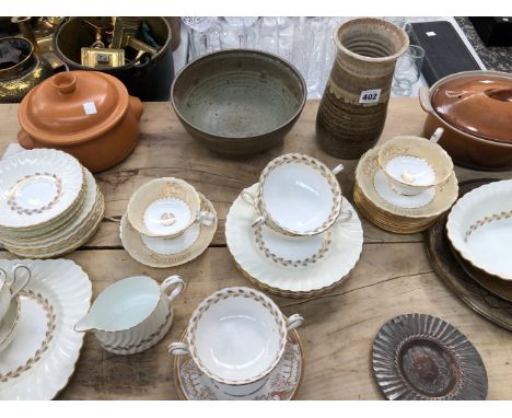 MINTON SOUP BOWLS AND SAUCERS, STONEWARE BOWL, VASE AND TUREEN, LE CREUSET AND METAL WARES