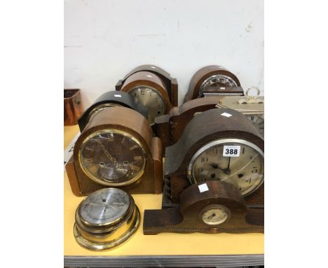 TEN MID 20th C. MANTEL CLOCKS TOGETHER WITH A WALL MOUNTING ANEROID BAROMETER