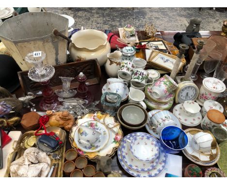 A PAIR OF BOHEMIAN GLASS LUSTRES, SOLITAIRE TEA CUPS AND SAUCERS, ART GLASS, TUREENS, A BOWLER HAT, ETC.