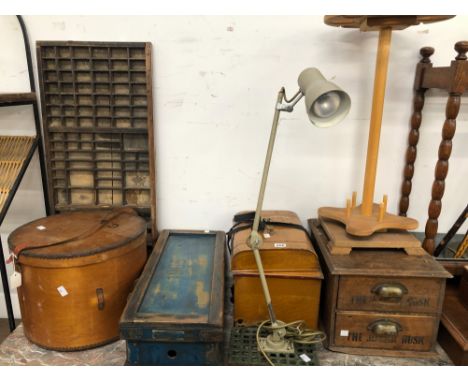 A PINE PICNIC DRINKS STAND, A HAT BOX AND OTHER BOXES, AN ANGLE POISE LAMP AND A COMPARTMENTAL TRAY FOR PRINTERS LETTERS