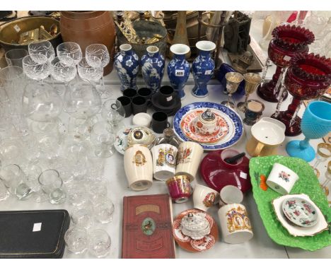 TWO PAIRS OF CHINESE BLUE AND WHITE VASES, A PAIR OF RUBY GLASS LUSTRES, DRINKING GLASS, WEDGWOOD BASALT COFFEE CUPS, ETC.