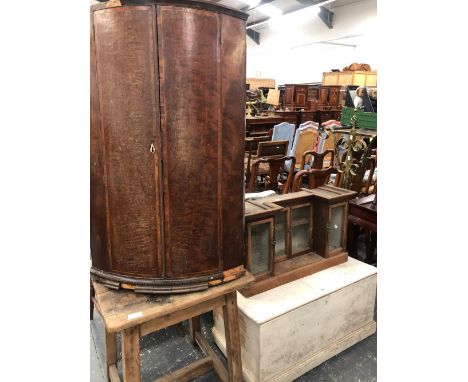 A WHITE PAINTED PINE TRUNK. W 96 x D 53 x H 49cms. TOGETHER WITH A WALL UNIT OF FOUR DIMPLED GLASS DOORS, A GEORGE III MAHOGA