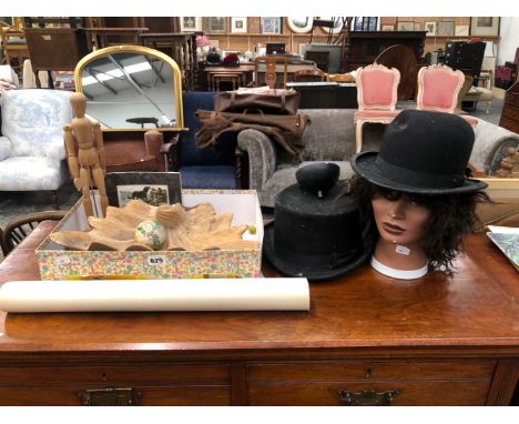 A TOP HAT, A BOWLER HAT, AN ARTISTS MANNEQUIN, A ROLL OF 1970S WALL PAPER, A CARVED WOOD SHELL, ETC.