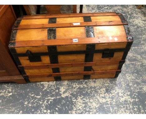 A VINTAGE DOME TOP IRON BOUND TRUNK. W 95 D 60cms