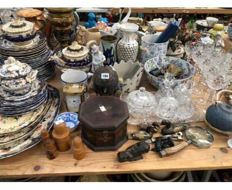 MINTON AND BOURNE DINNER WARES, CUT GLASS GOBLETS, A MAGNIFYING GLASS, A CARRIAGE CLOCK, AN ELECTROPLATE EGG CODDLER, ETC.