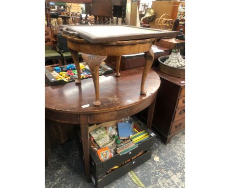 A GEORGIAN INLAID DEMI LUNE INLAID PIER TABLE TOGETHER WITH A VINTAGE FIRESCREEN AND A LOW TABLE