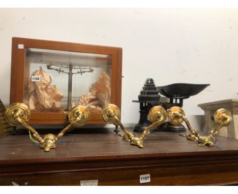 A VINTAGE CHEMISTS BALANCE SCALE, TOGETHER WITH VARIOUS LIGHT FIXTURES, GROCER SCALE AND A VINTAGE ANGLE POISE