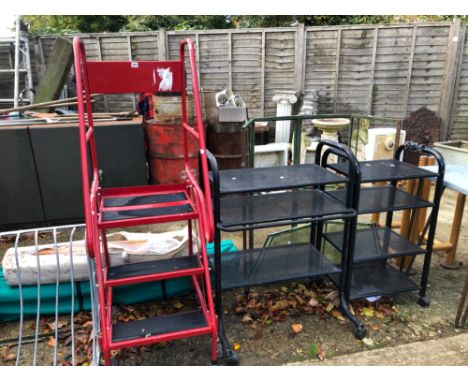 AN INDUSTRIAL STEP LADDER TOGETHER WITH TWO STEEL TROLLEYS