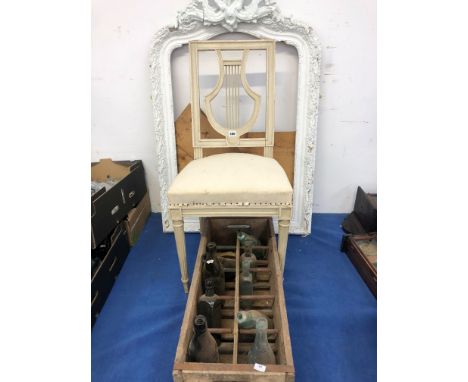 A WHITE PAINTED FRAME, A LYRE BACKED CHAIR AND A WOODEN BOX OF VINTAGE BOTTLES