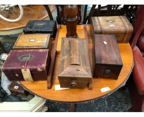 A ROSEWOOD TWO COMPARTMENT TEA CADDY, ANOTHER IN MAHOGANY TOGETHER WITH FOUR JEWELLERY BOXES