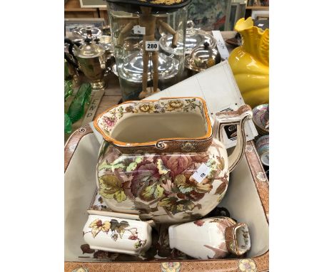 A DOULTON HOP PATTERN JUG AND BOWL SET, SAMPLE CUFFLINKS, A NAVAL CAP AND AN ARTISTS MANNEQUIN UNDER A GLASS DOME