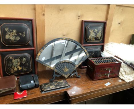 CHINESE LACQUER PANELS, A FAN SHAPED MIRROR, AN ABACUS TOPPED BOX, A GALVANOMETER AND A GENTS BRUSH SET