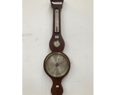 A MAHOGANY BANJO BAROMETER BY HANSONS WITH AN ALCOHOL THERMOMETER