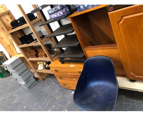 A SET OF TARGET SOUND SYSTEM SHELVING, AN ADJUSTABLE STANDARD LAMP, A MODERN CHEST OF THREE DRAWERS. A MODERN SET OF OAK OPEN