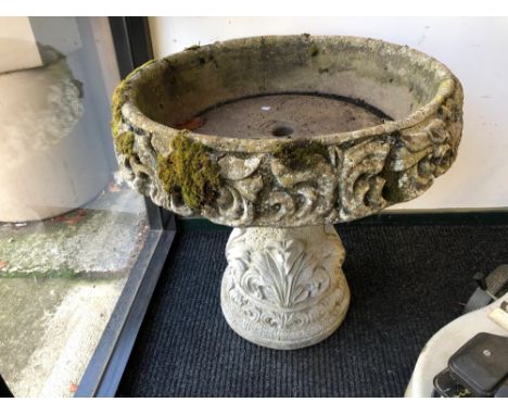 A LARGE CLASSICAL STYLE COMPOSITE SHALLOW PLANTER ON PEDESTAL