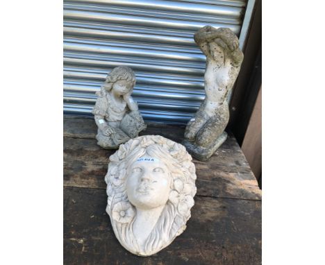 TWO SMALL COMPOSITE GARDEN FIGURES AND WALL PLANTER (3)