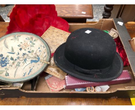 CHINESE AND OTHER FANS, A PARASOL, A BOWLER HAT TOGETHER WITH SEWING GEAR