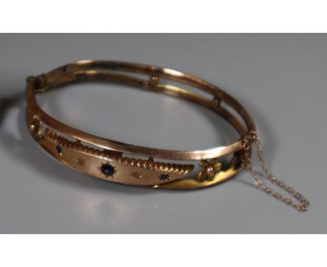 9ct gold sapphire and diamond bangle. Approx weight 10.6 grams. (B.P. 21% + VAT) Jewellery valuer not available so general re