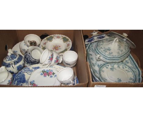 Two boxes of assorted china to include; Royal Albert bowls, Royal Vale teacups, saucers, plates, Burleigh ware willow pattern