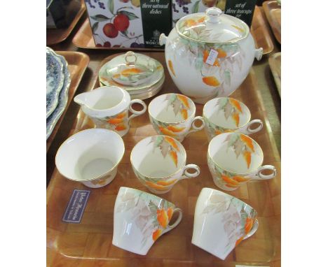 Shelley floral English teaware reg no. 795072 to include; teacups and saucers, milk jug, sucrier, biscuit barrel etc. Printed