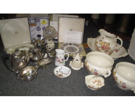 Two boxes, one containing a late Victorian, T.G & F Booth Royal semi-porcelain washstand set comprising: jug and basin, soap 