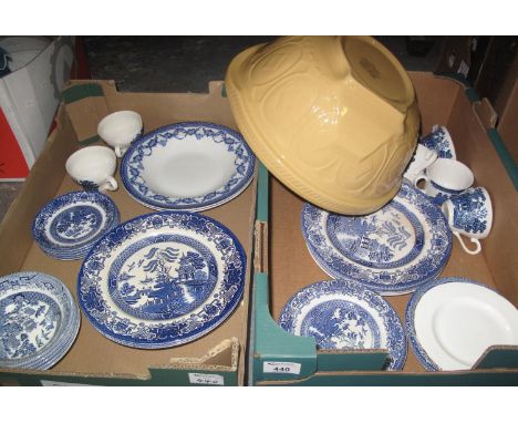 Two boxes of china to include: a selection of Old Willow 'genuine hand engraving' ironstone plates, bowls, cups and saucers, 
