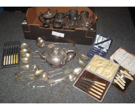 Box containing various metalware and cutlery, including bag of assorted cutlery, four boxed sets of cutlery to include: knive