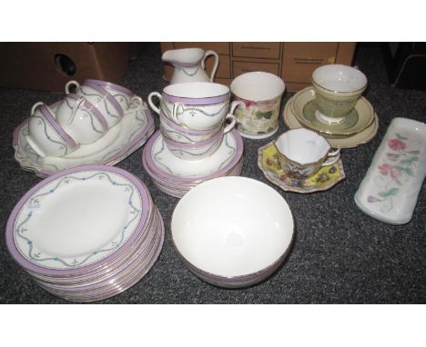 Box of assorted china to include: a set of Allerton's 'Old English Somme' part teaware decorated with a lilac band, gilt edge