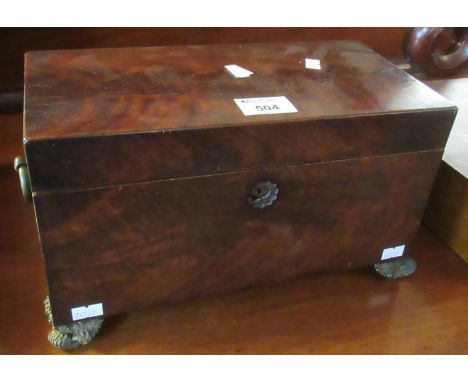 Regency mahogany tea caddy of rectangular form standing on metal feet. (B.P. 21% + VAT)Feet and handles ok - feet possibly re