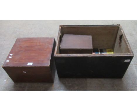 Wooden travelling trunk containing three volumes of 'Henry's Bible', together with a wooden storage box. (B.P. 21% + VAT)  