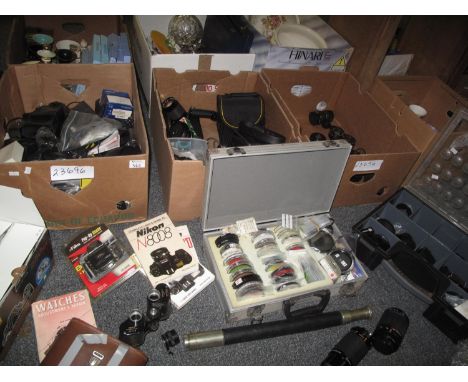 Three boxes of assorted camera equipment etc. including: a Ross of London nickel plated and leather single drawer telescope, 