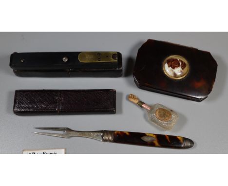 Tortoiseshell snuff box with enamel portrait of a dog mount, early 19th Century simulated tortoiseshell folding fork, a foldi