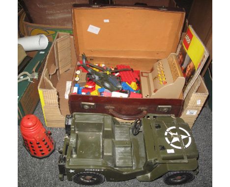 Box of vintage toys to include; military jeep and helicopter, Dr Who Dalek, various lego, Casdon child's shop till etc. (B.P.