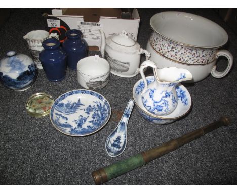 Box of assorted items to include: small three drawer brass telescope, pretty little blue and white English 19th Century cream