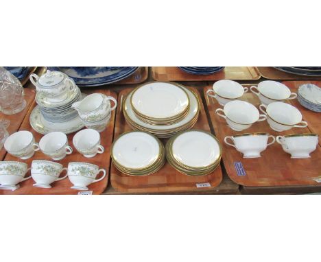 Two trays of Wedgwood bone china 'Chester' design dinnerware items to include; two handled bowls and saucers and various plat