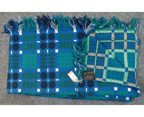 Vintage Welsh tapestry blue ground woollen blanket with fringed edges and a 'Derw product, pure new wool' label. (B.P. 21% + 